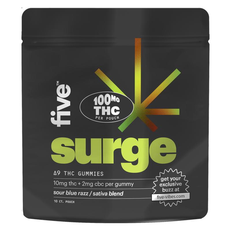 Five High Potency Surge Gummies, Sour Blue Razz, Sativa, 10mg THC, 10ct