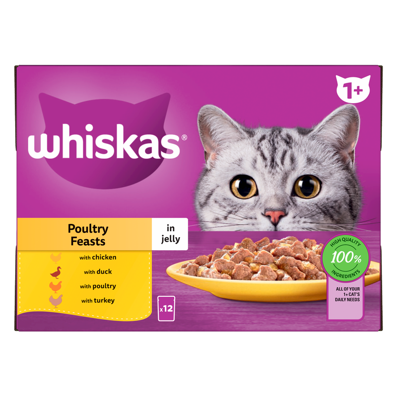 Whiskas 1+ Cat Pouches Poultry Feasts In Jelly, 12 x 85g