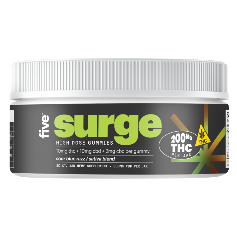 Five High Potency Surge Gummy, Sour Blue Razz, Sativa, 10mgCBD, 10mgTHC, 2mgCBC, 20ct