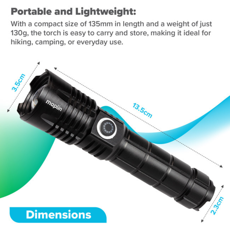 Maplin Rechargable LED Torch with 4 lighting Modes USB-C, 1pcs