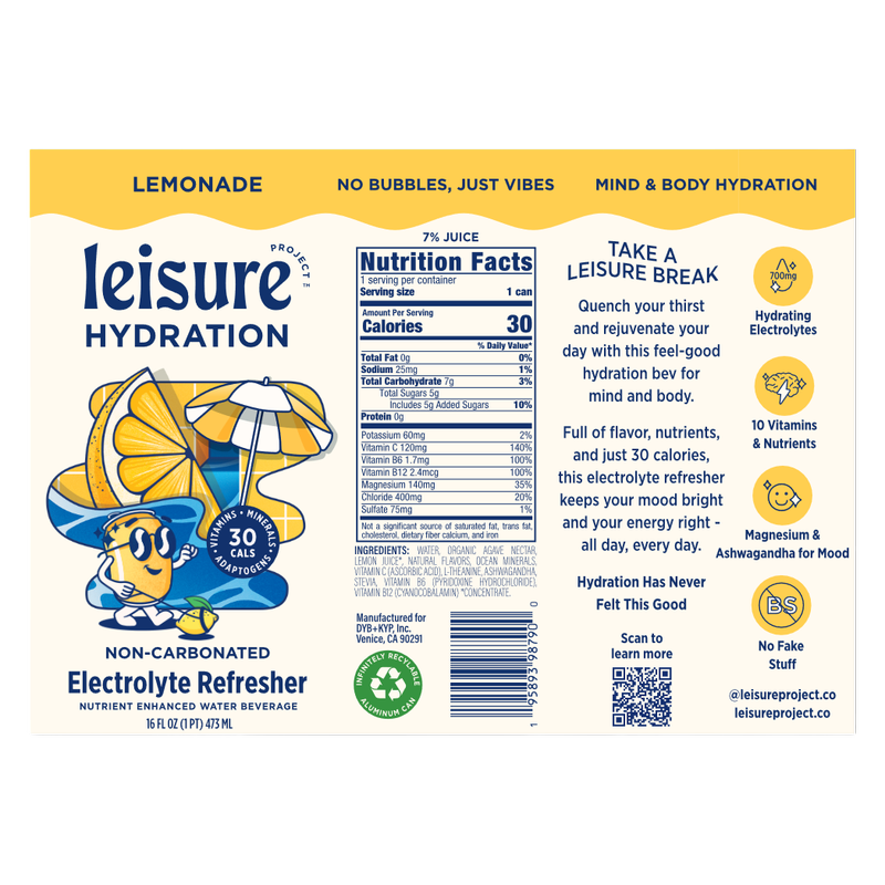 Leisure Hydration Lemonade Electrolyte Refresher 16oz Can