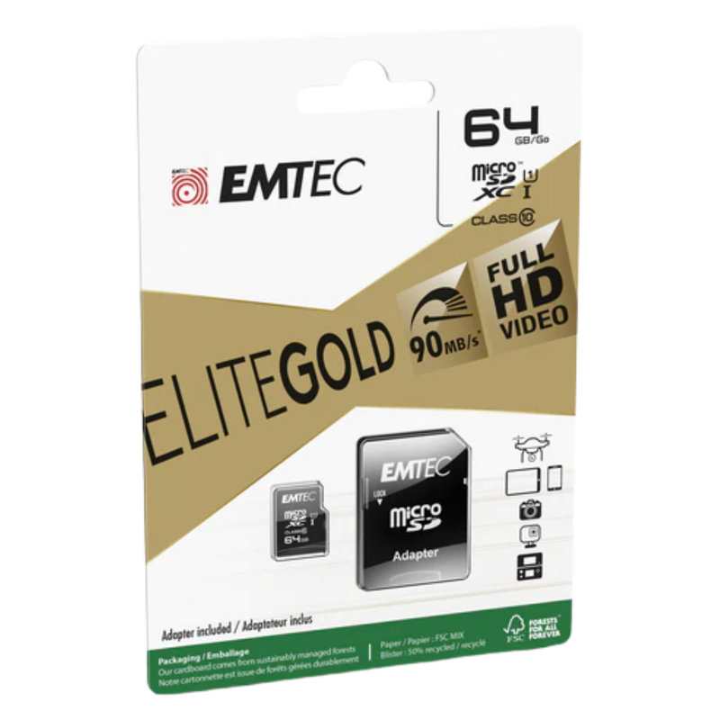 Emtec 64GB UHS-I U1 EliteGold MicroSD Memory Card inc Adapter, 1pcs