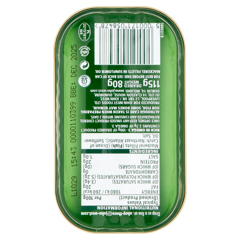 John West Mackerel Fillets In Sunflower Oil, 115g