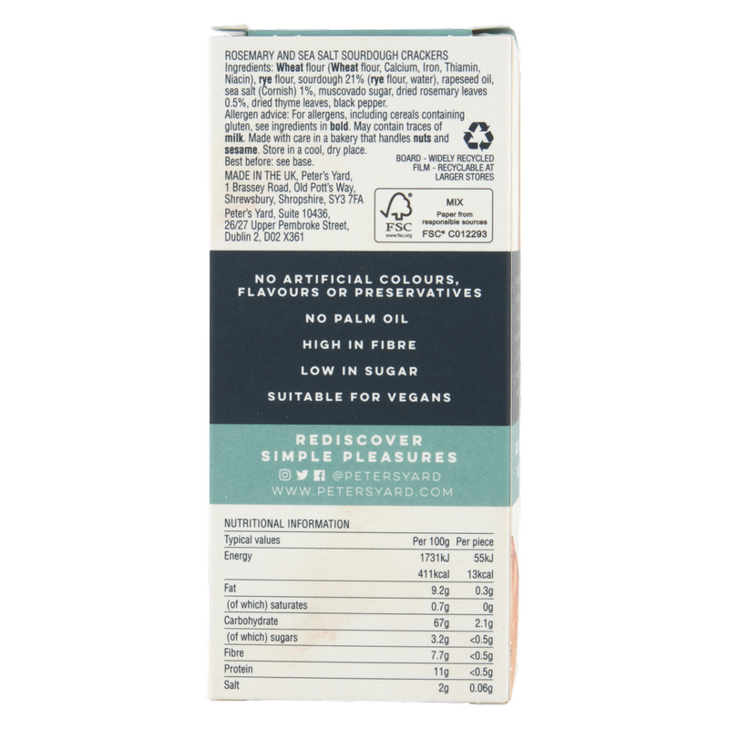 Peter's Yard Rosemary & Sea Salt Sourdough Crackers, 90g