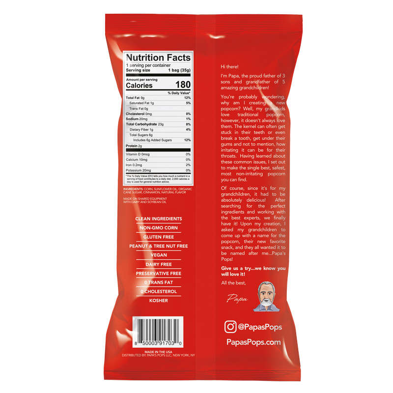 Papa's Pops Skinless Popcorn Sweet Cinnamon 1.25oz Bag