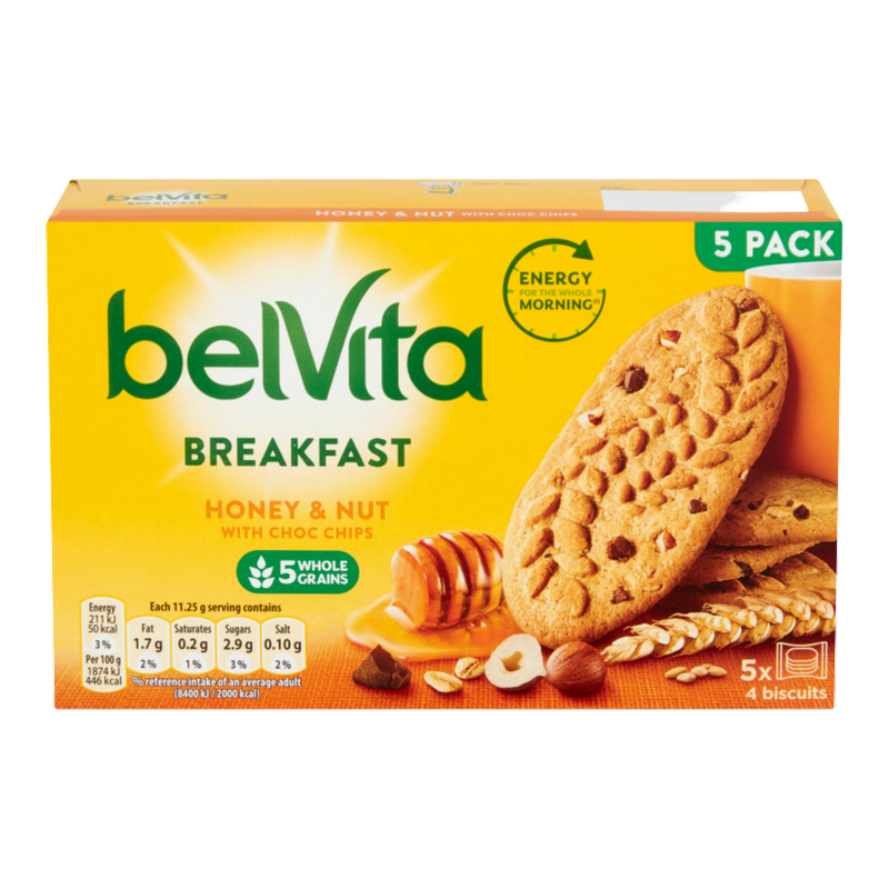 Belvita Honey, Nuts & Chocolate Chip Breakfast Biscuits, 5 x 45g