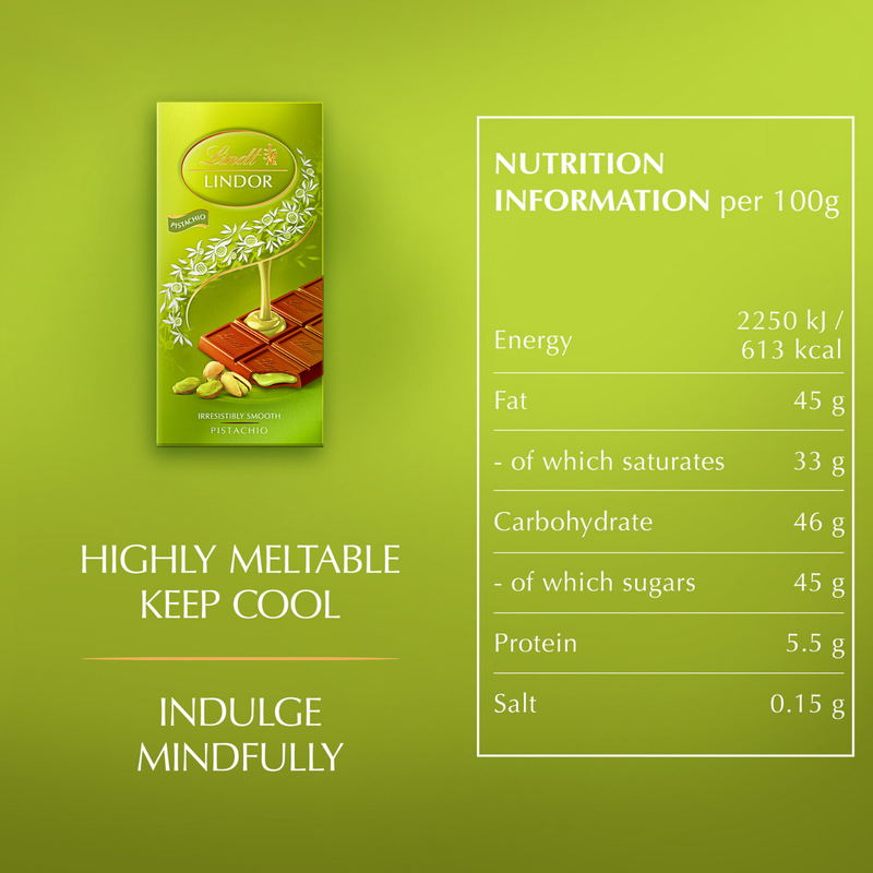 Lindt Lindor Pistachio Chocolate Bar, 100g