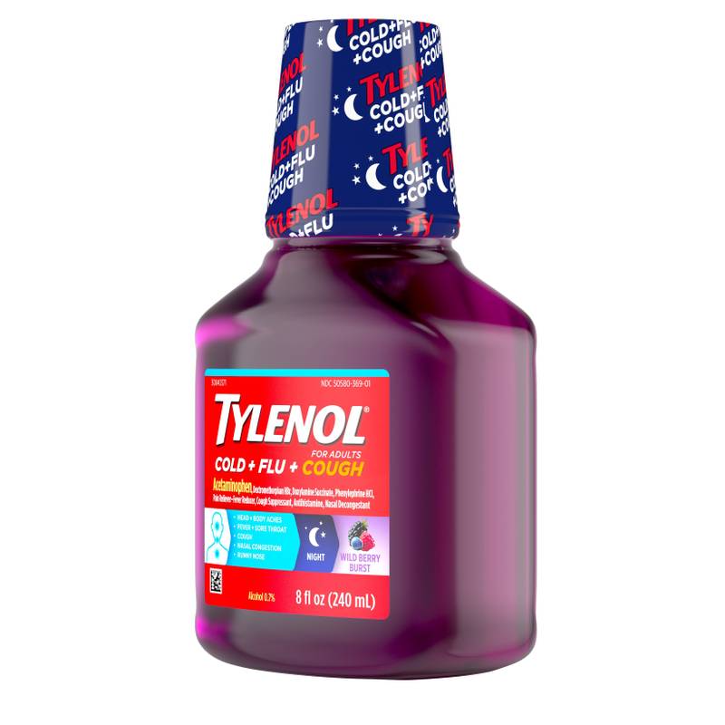 Tylenol Cold + Flu + Cough Night Liquid, Wild Berry Burst, 8 Fl. Oz