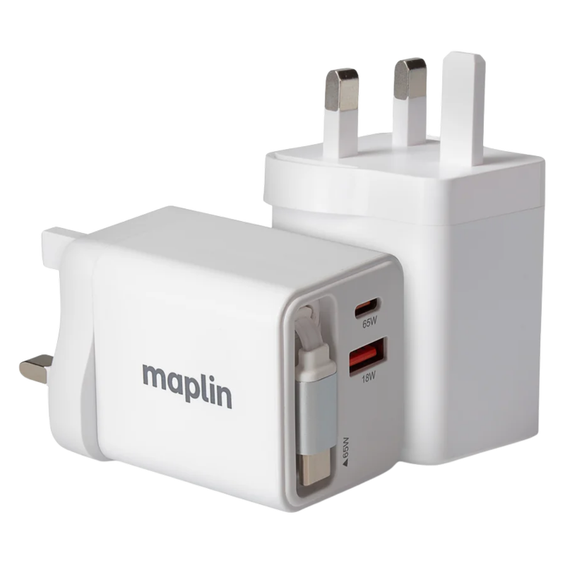 Maplin 65W USB Wall Charger 2 Port with Built-in Retractable USB-C Cable, 1pcs