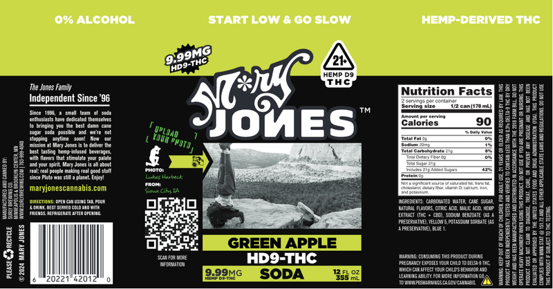 Mary Jones Green Apple 10mg THC Soda 12oz Can