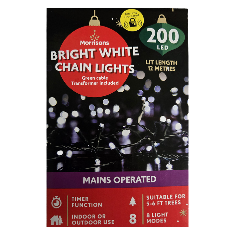 Morrisons 200 Led Mains Operated Lights Bright White Green Cable, 1pcs