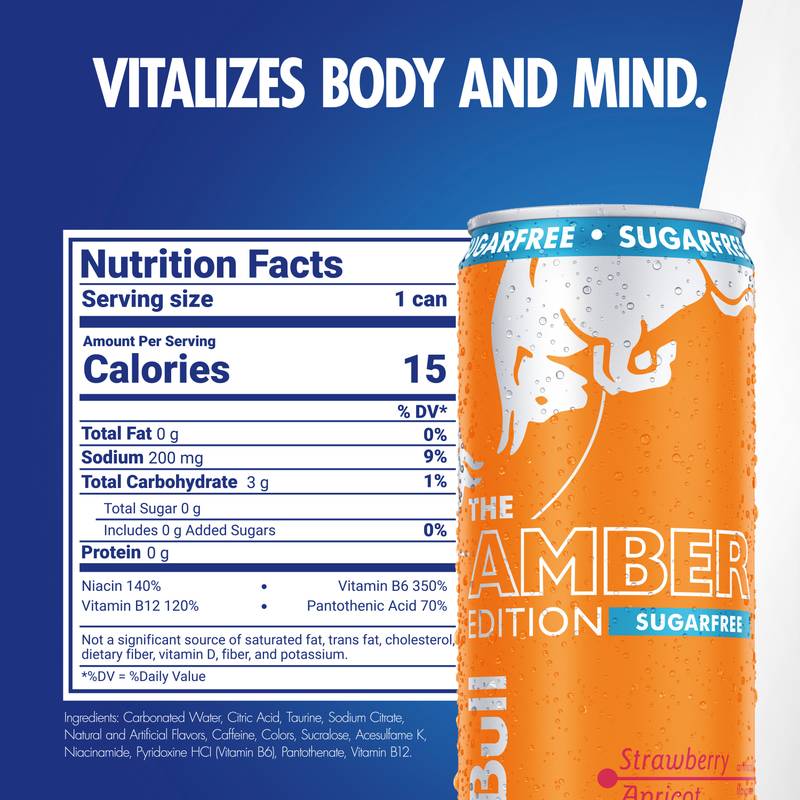 Red Bull Sugar Free Amber Edition Strawberry Apricot Energy Drink 24 pack 12oz Can Bundle