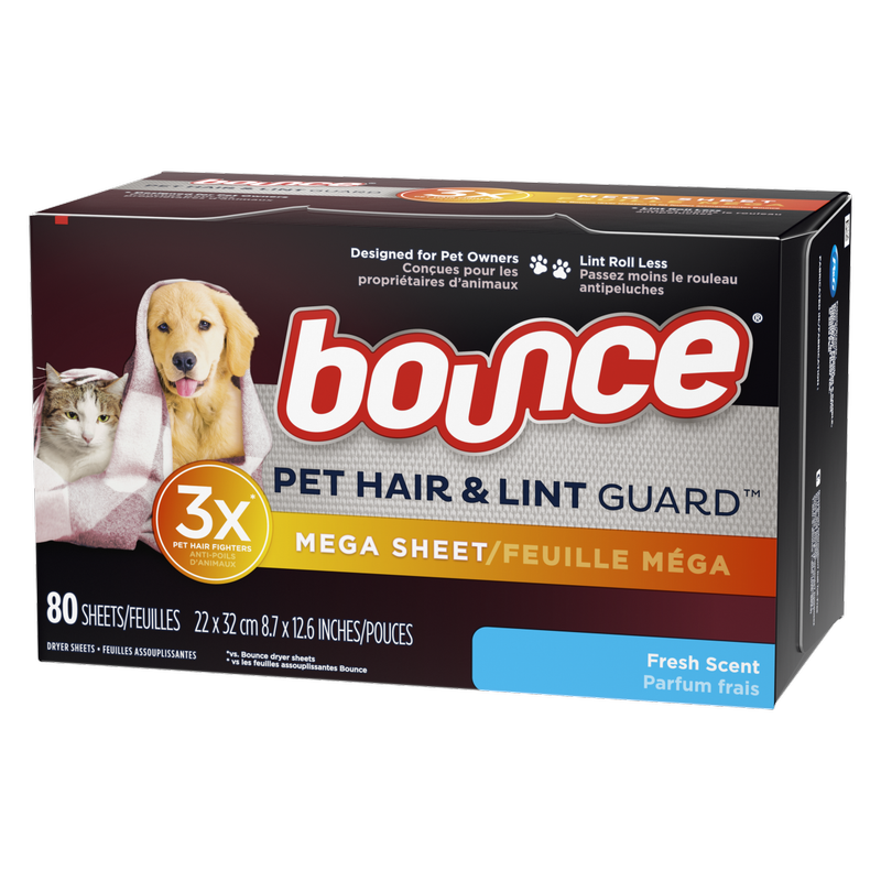 Bounce Pet Hair and Lint Guard Mega Dryer Sheets with 3X Pet Hair Fighters Fresh Scent 80ct