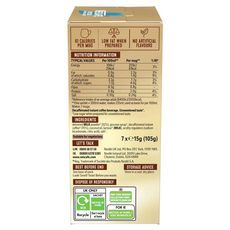 Nescafe Decaf Unsweetened Cappuccino Instant Coffee, 7 x 15g