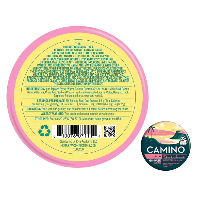 Camino Gummies 'Bliss' de sandía y limonada con 5 mg de THC, 20 unidades