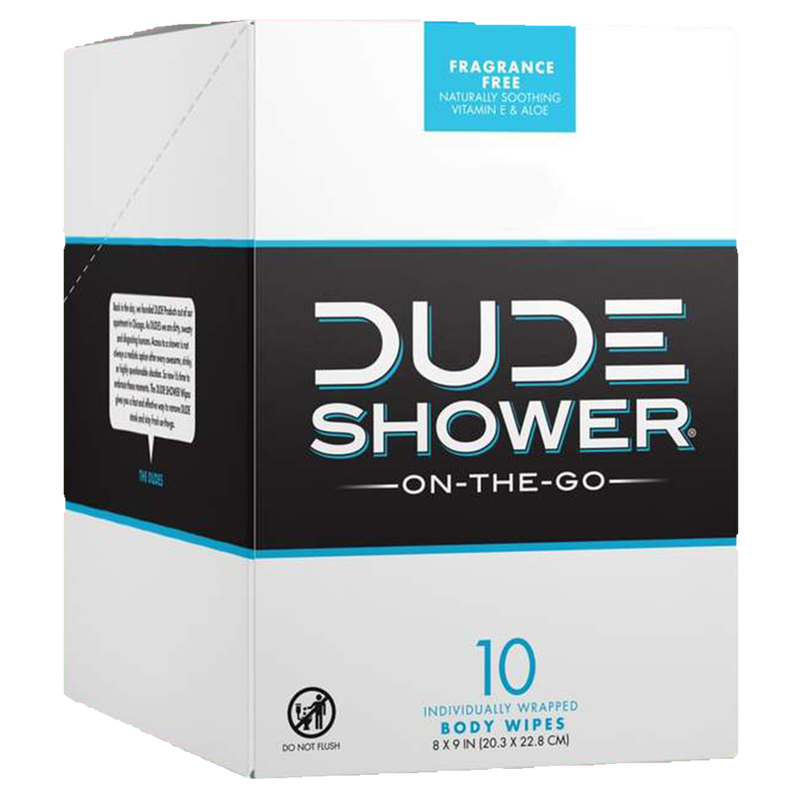 DUDE Shower On the Go Body Wipes Travel Singles Fragrance-Free with Aloe and Vitamin E 10ct