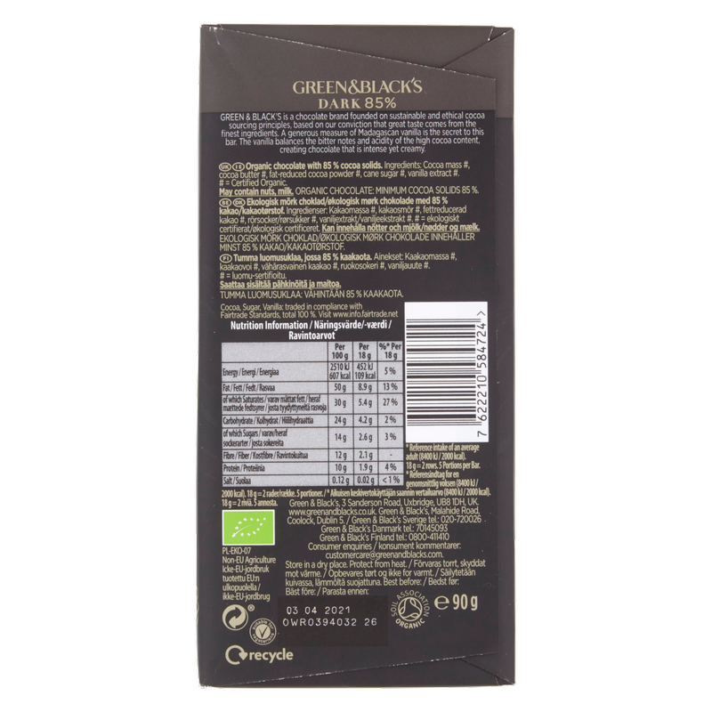 Green & Black's Organic 85% Dark Chocolate Bar, 90g