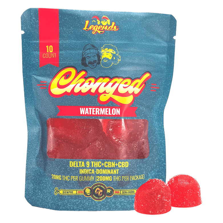 Cheech and Chong's CHONGED Watermelon Legends Gummies, 20mg THC, 5mg CBD, 5mg CBN, 10ct