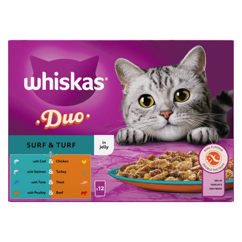Whiskas 1+ Cat Pouches Surf & Turf In Jelly, 12 x 85g