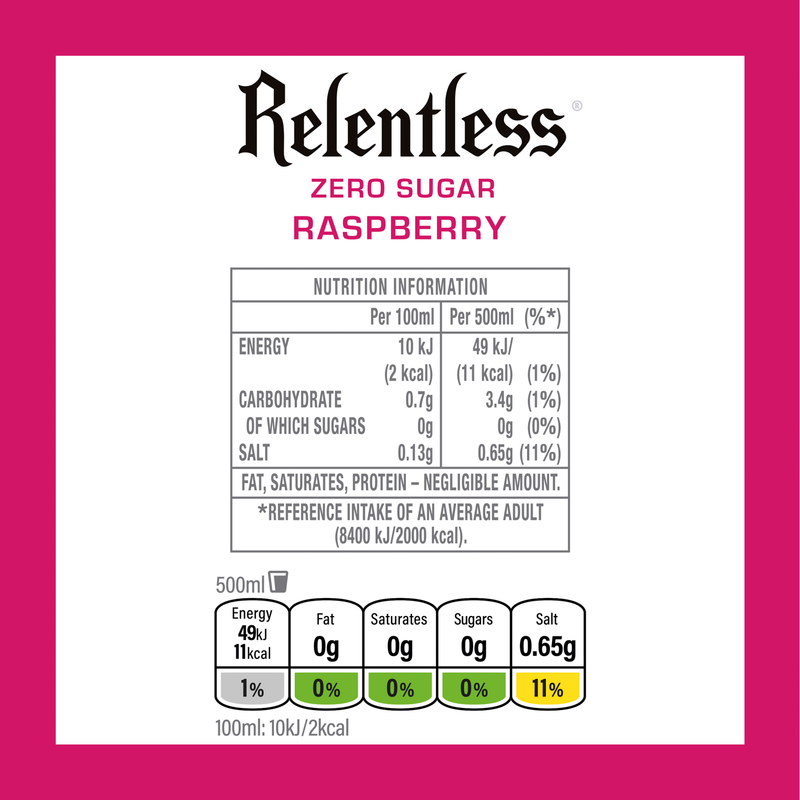 Relentless Raspberry Energy Zero Sugar, 500ml