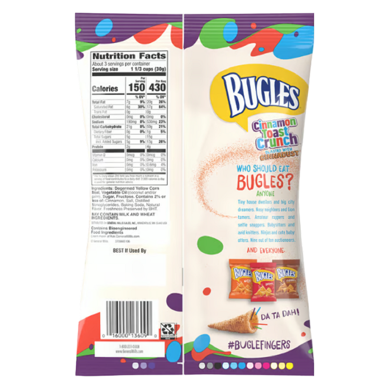 Bugles Cinnamon Toast Crunch Crispy Corn Snacks, Snack Bag, 3 oz