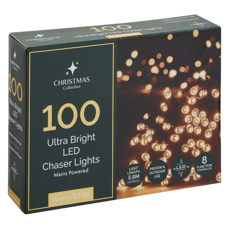 Morrisons 100 Warm White LED Chaser Fairy Lights, 1pcs