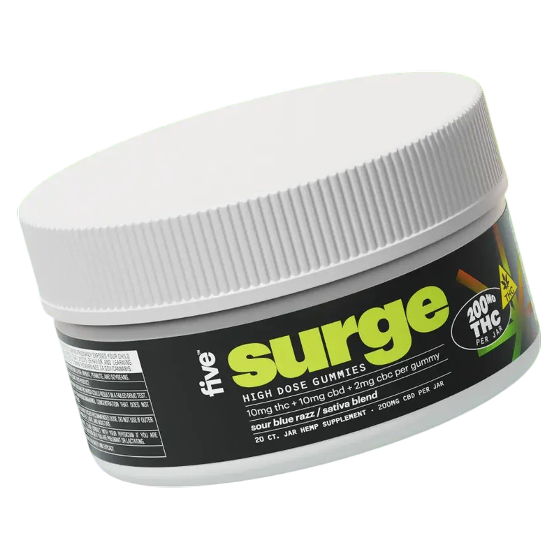 Five High Potency Surge Gummy, Sour Blue Razz, Sativa, 10mgCBD, 10mgTHC, 2mg CBC, 60ct