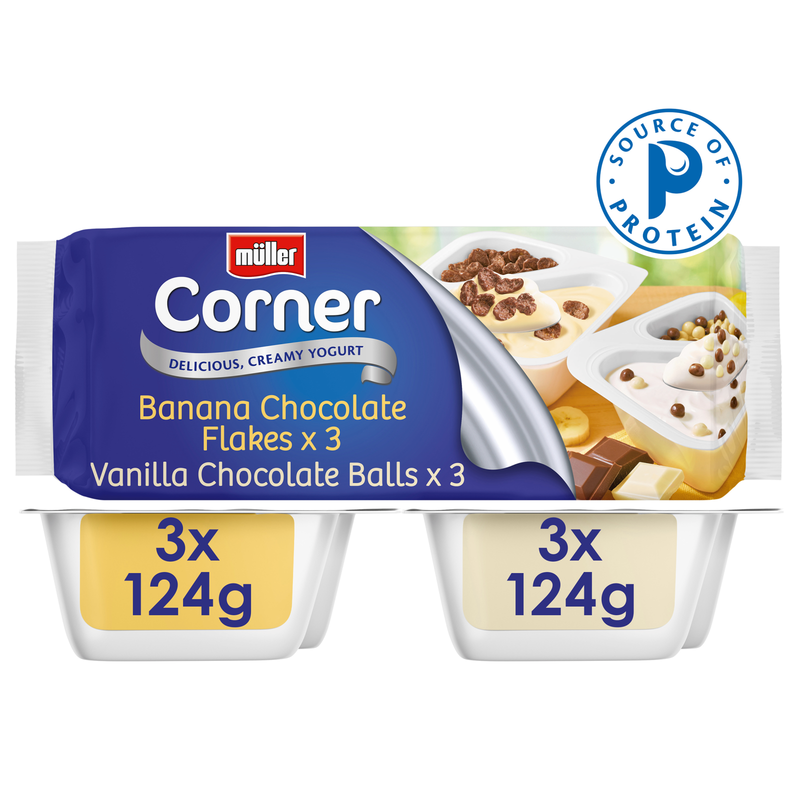 Muller Corner Vanilla Yogurt with Chocolate Balls & Banana Flakes, 6 x 124g