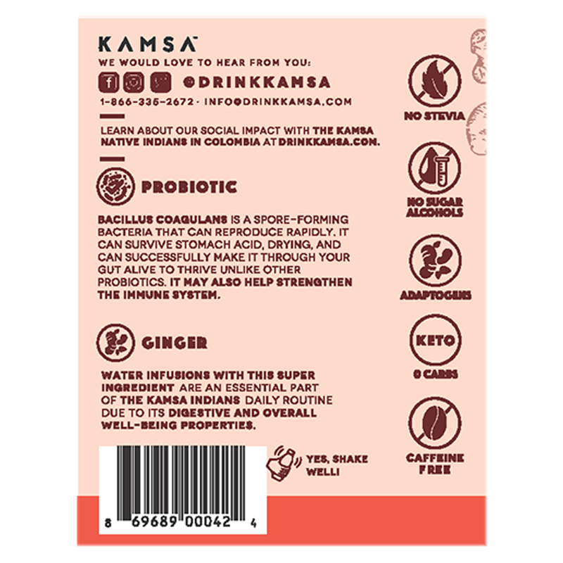 Kamsa Ginger Strawberry Organic Probiotic Water 14 oz Btl