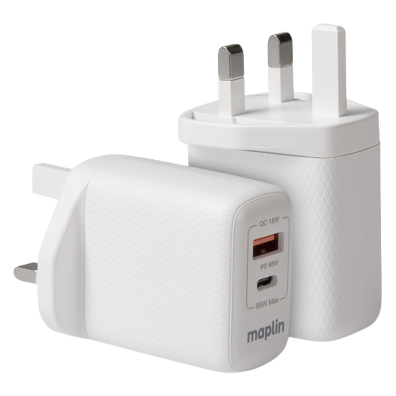 Maplin 65W USB-C & USB-C GaN Wall Charger for Laptops & Tablets, 1pcs