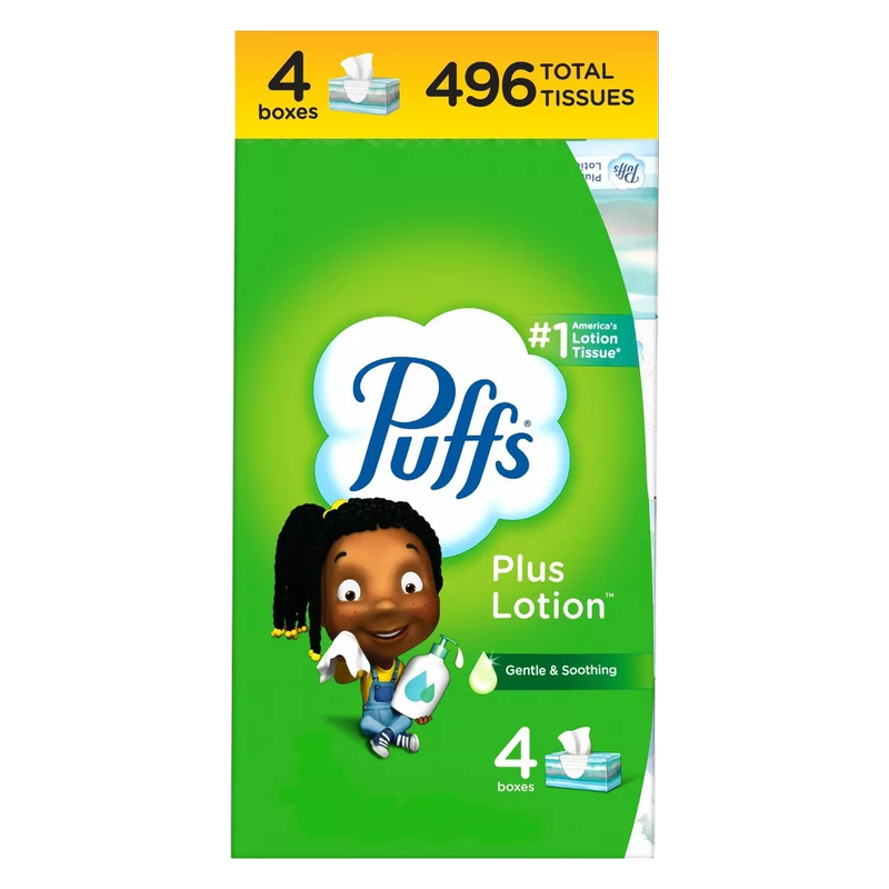 Puffs Plus Lotion, Facial Tissues, 4 Family Boxes, 124 Tissues per box