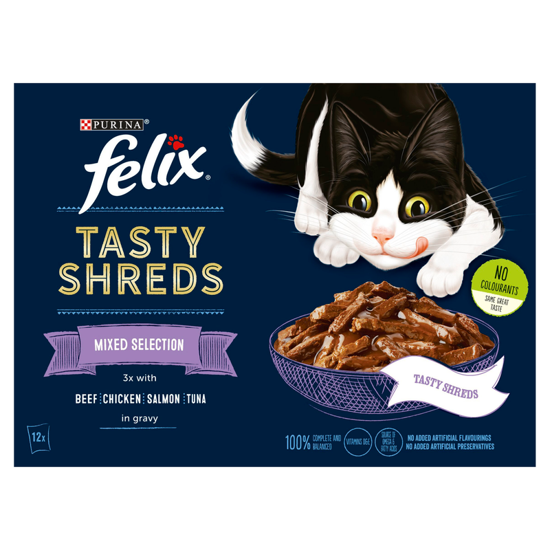Felix Tasty Shreds Mixed Selection in Gravy, 12 x 80g