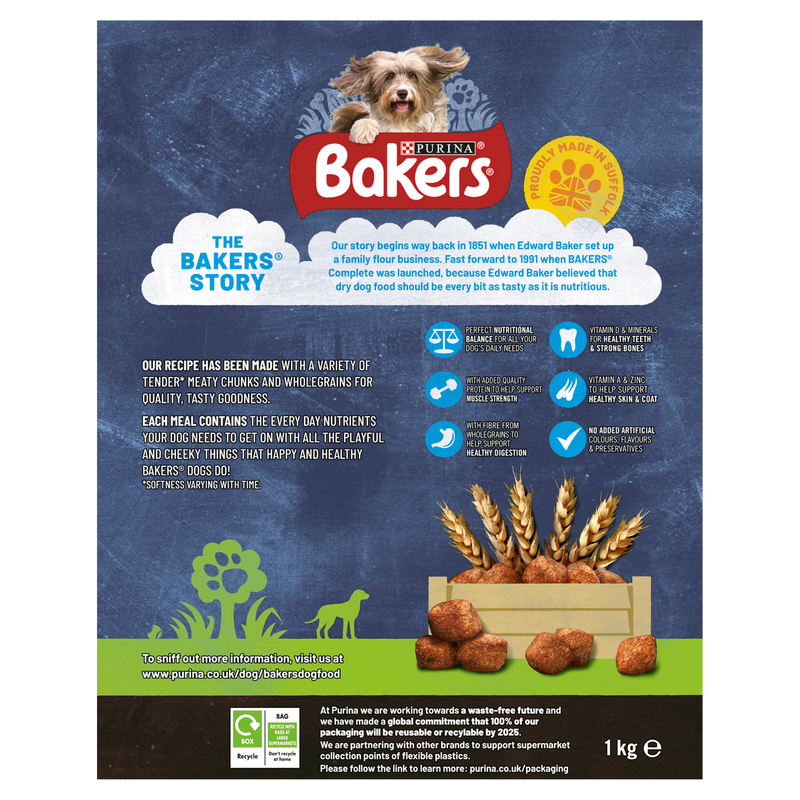 Bakers Meaty Meals Adult Dry Dog Food Beef, 1kg