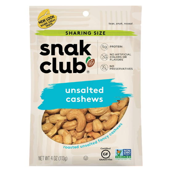 Snak Club Roasted Unsalted Cashews , 4.1oz