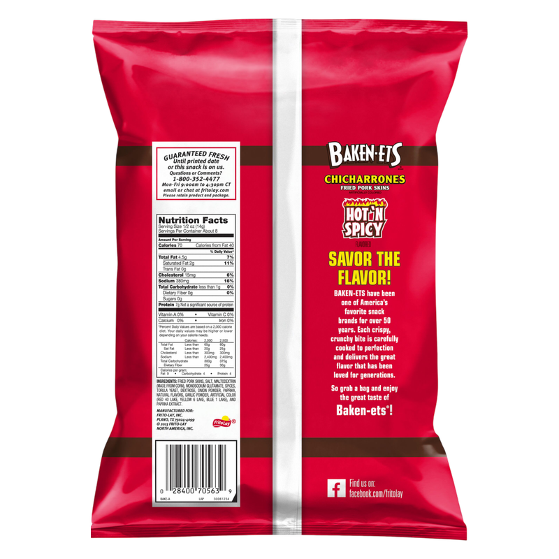 Baken-Ets Chicharrones Fried Pork Skins Hot'N Spicy Flavored 4 Oz
