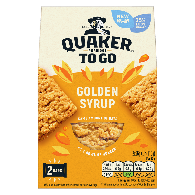 Quaker Porridge To Go Golden Syrup Breakfast Bars, 2 x 55g