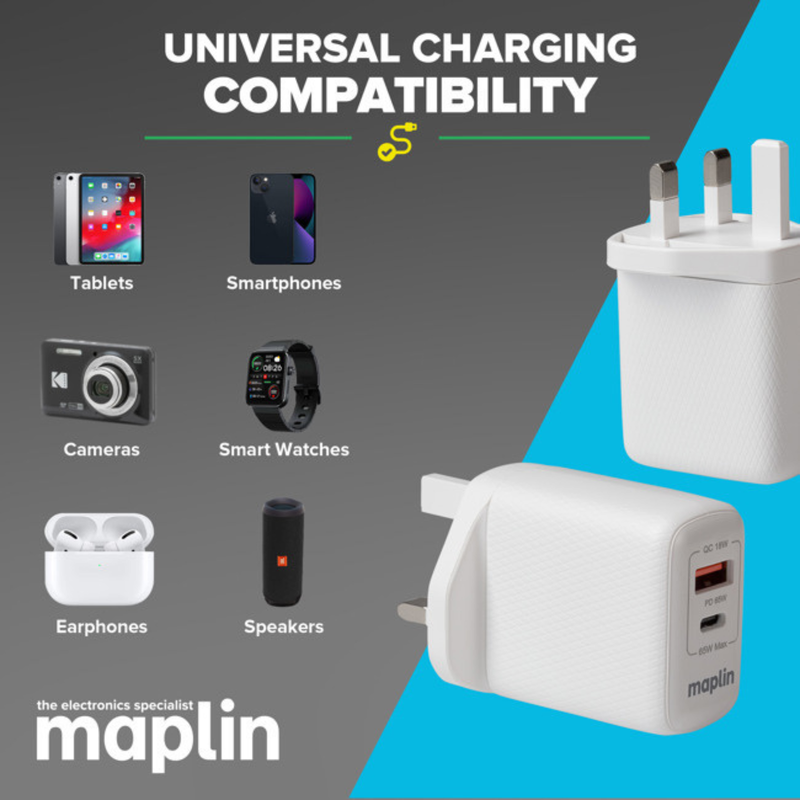 Maplin 65W USB-C & USB-C GaN Wall Charger for Laptops & Tablets, 1pcs