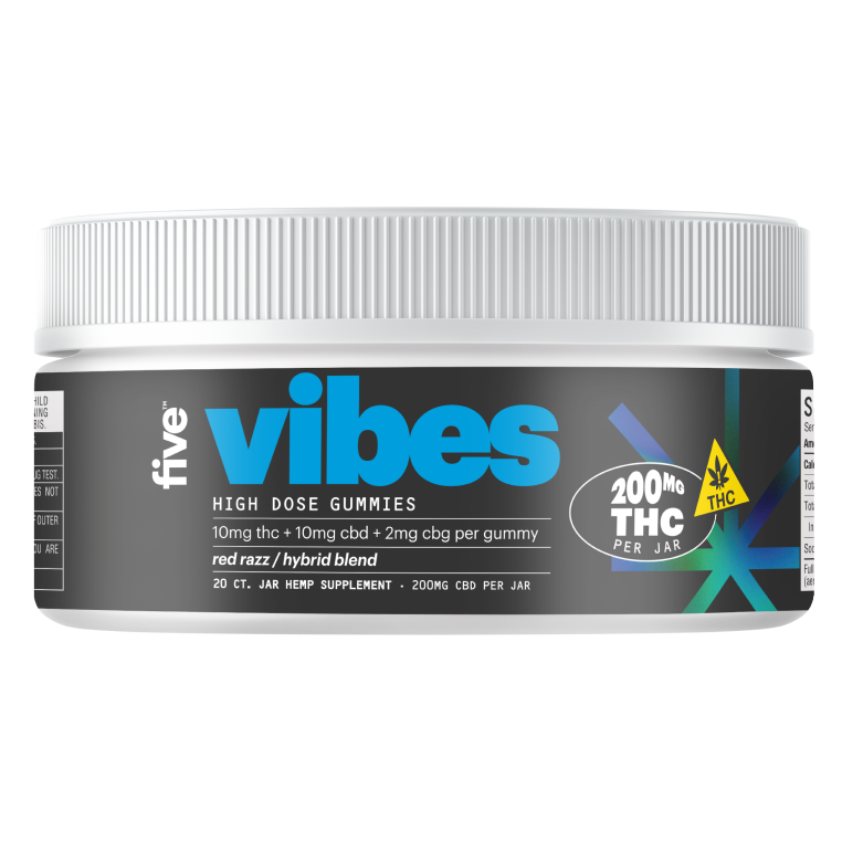 Five High Potency Vibes Gummy, Red Razz, Hybrid, 10mgCBD, 10mgTHC, 2mgCBG, 20ct