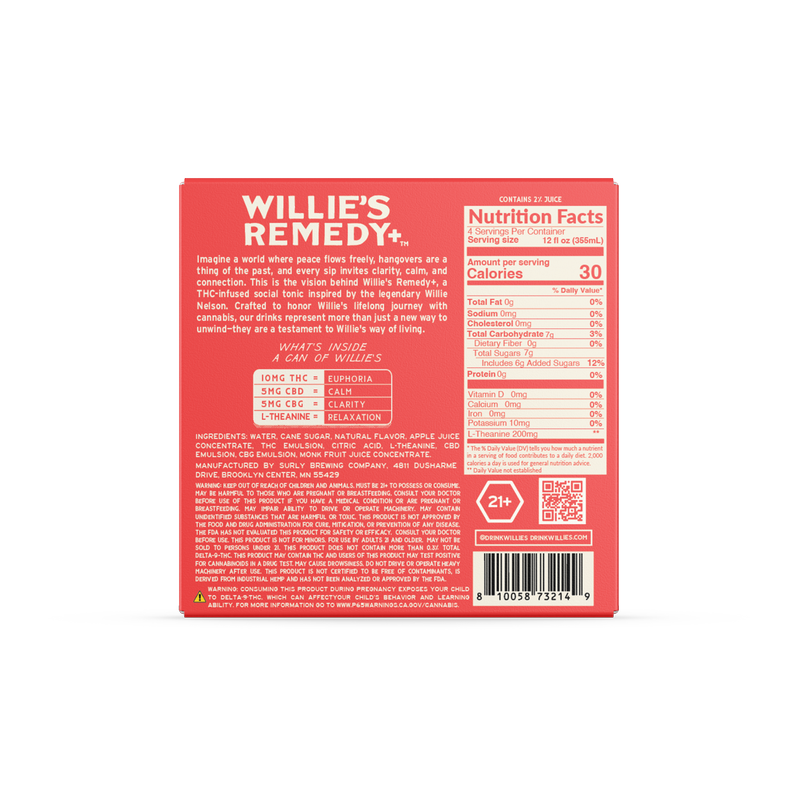 Willie's Remedy 10mg THC Strawberry Watermelon Seltzer 4pk 12oz Can