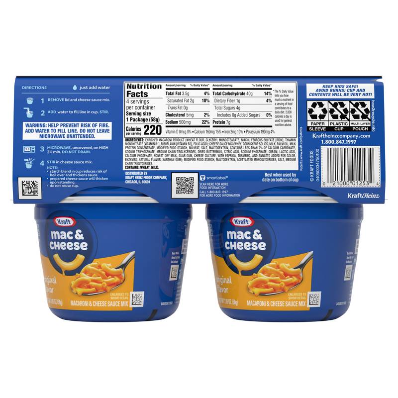 Kraft Macarrones con queso original, tazas fáciles de preparar en microondas, paquete de 4