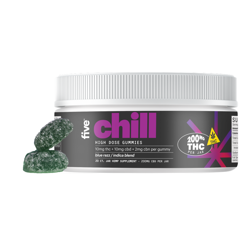 Five High Potency Chill Gummy, Blue Razz, Indica, 10mgCBD, 10mgTHC, 2mgCBN, 20ct