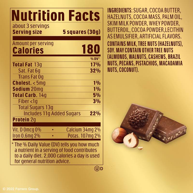 Ferrero Rocher Premium Chocolate Bar, Milk Chocolate Hazelnut, ​3.1 oz