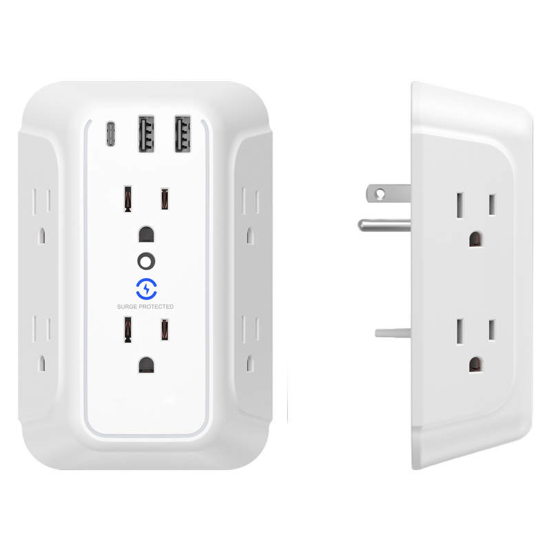 USB Wall Charger/Surge Protector 6-Outlet Extender with 2 USB Charging Ports 3-Sided Power Strip with Adapter Spaced Outlets