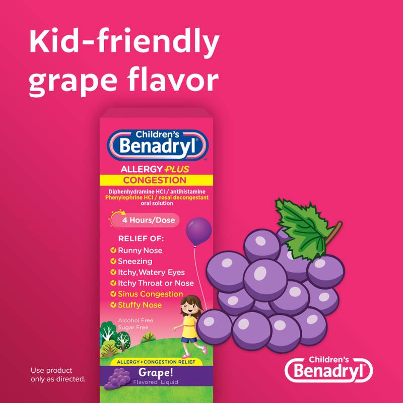 Children's Benadryl Allergy Plus Congestion Grape Flavor Liquid 4 oz 