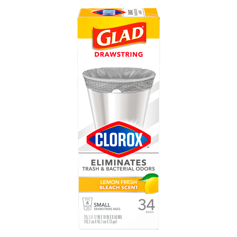 Glad Small Drawstring Trash Bags, Clorox Lemon Fresh, 4 Gallon