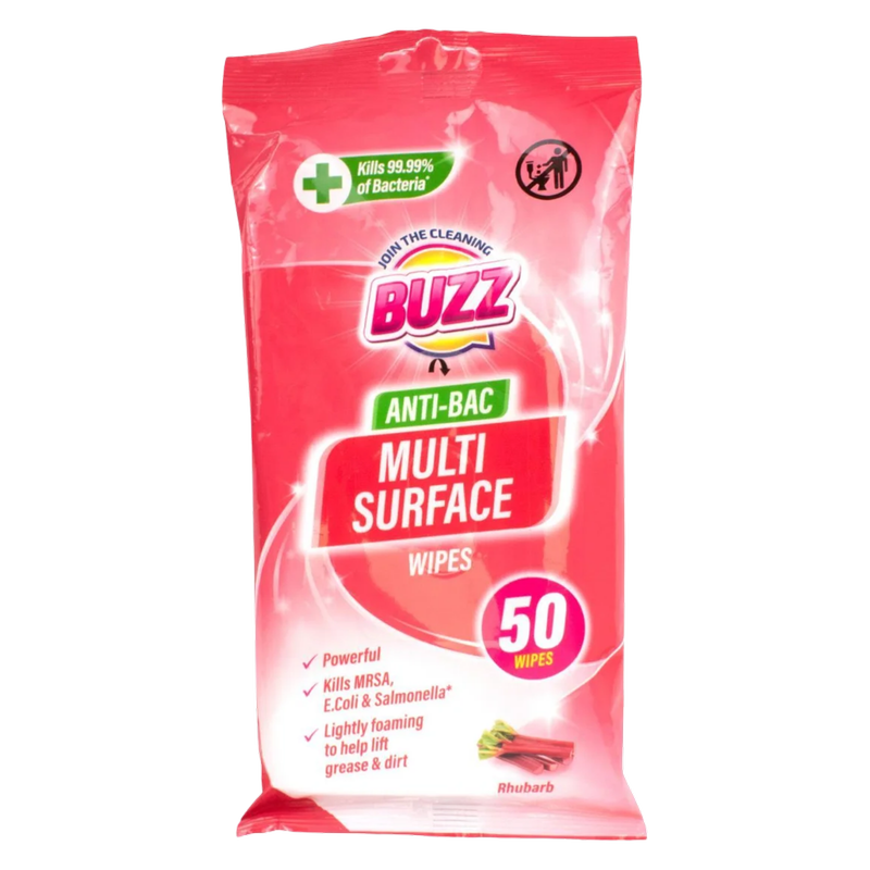 Buzz Multi Surface Anti-Bac Wipes Rhubarb, 50pcs