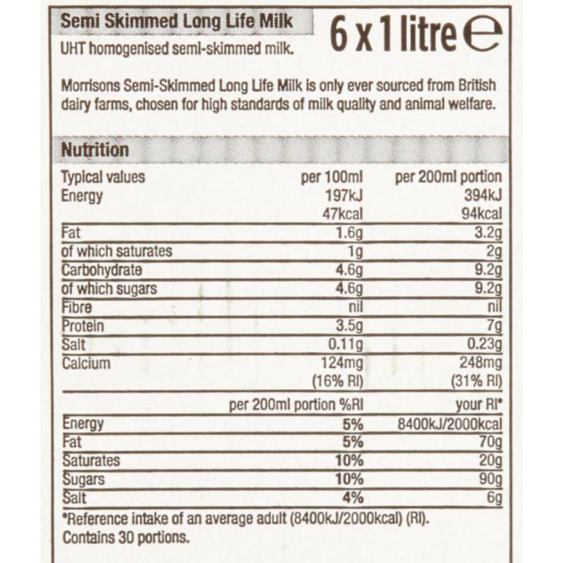 Morrisons Semi Skimmed Long Life Milk, 6 x 1L