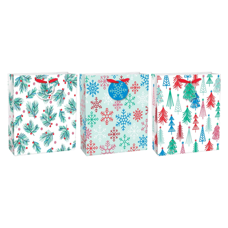 Holly, Tree, Snowflake Large Matte Gift Bag Multipack