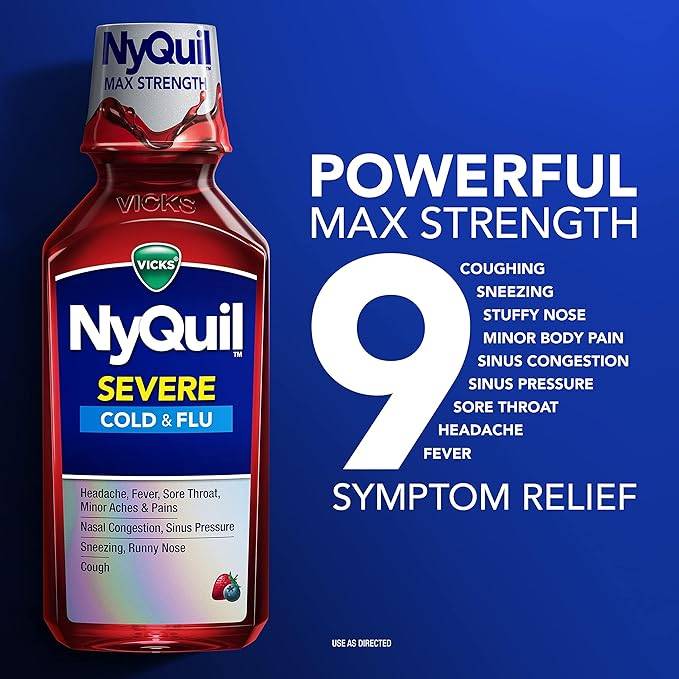 Vicks NyQuil SEVERE Cold & Flu Liquid Medicine, Berry, 12 FL OZ