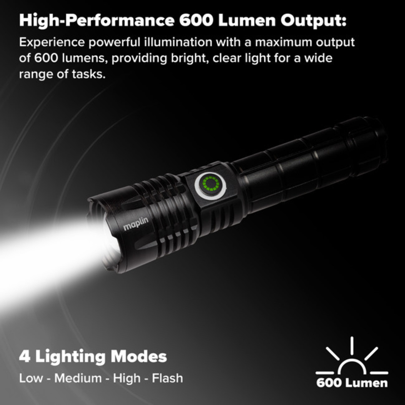 Maplin Rechargable LED Torch with 4 lighting Modes USB-C, 1pcs